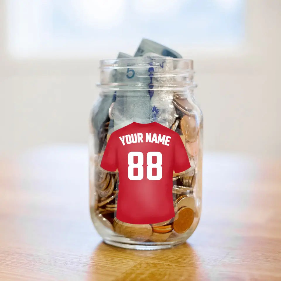 Personalised Team Shirt Sticker with custom name, number and shirt colour on money jar