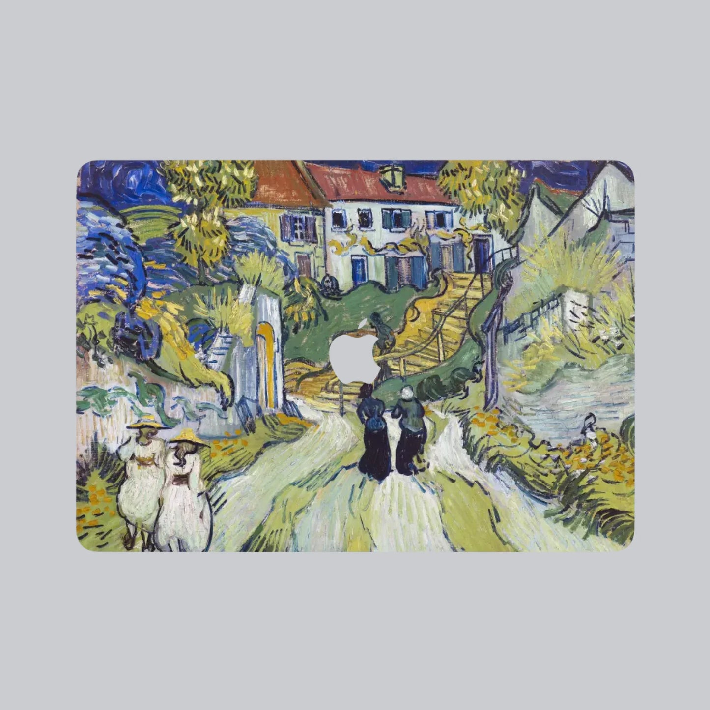 Van Gogh Street in Saintes-Maries MacBook skin with colourful village artwork in soft blue and yellow tones
