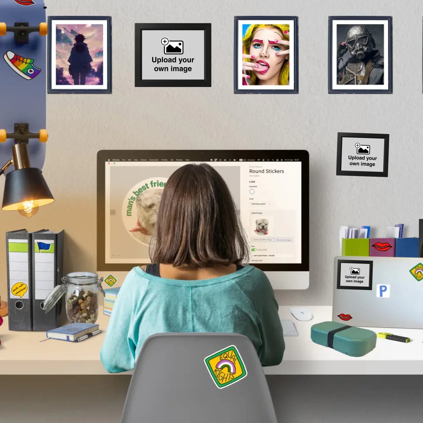 Workspace with custom framed wall stickers displaying personalised photos and artwork in removable printed frames