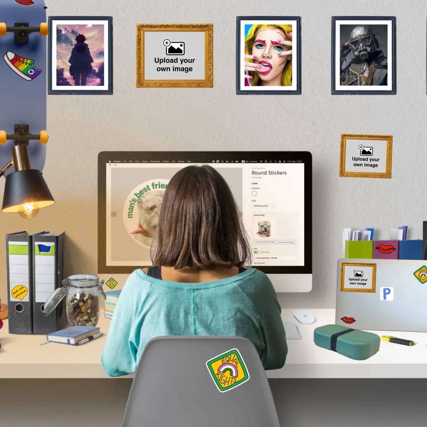 Workspace with custom framed wall stickers displaying personalised photos and artwork in printed frames