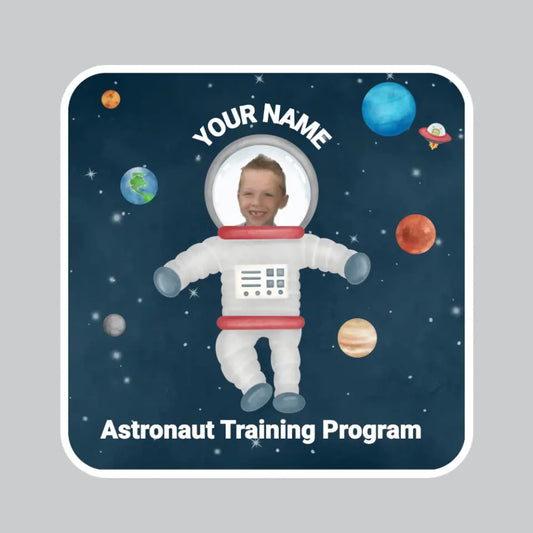 Personalised astronaut training sticker with custom photo upload and space-themed planets design for kids