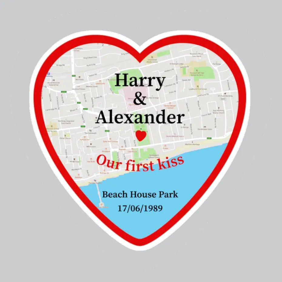 Heart-shaped map sticker with 'Harry & Alexander' and 'Our first kiss' text