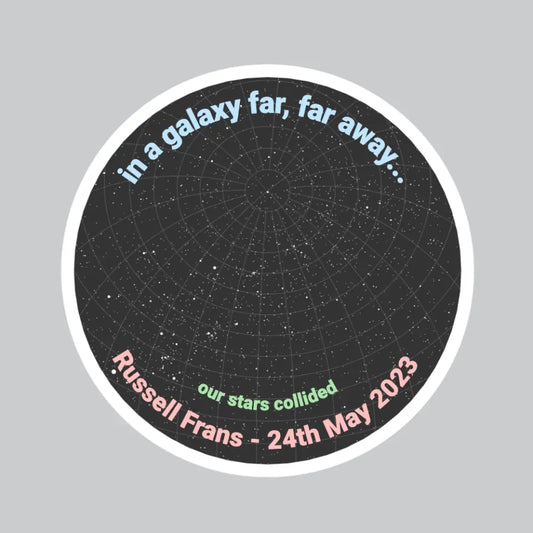 Personalised star map sticker featuring custom date, names and night sky constellation design for couples or gifts