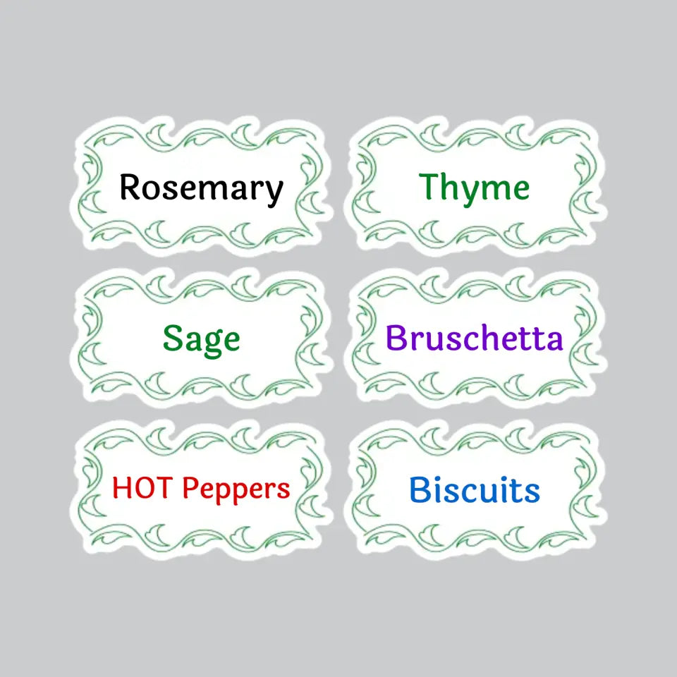 Set of 6 personalised pantry and spice jar labels with custom names in decorative vintage frame design