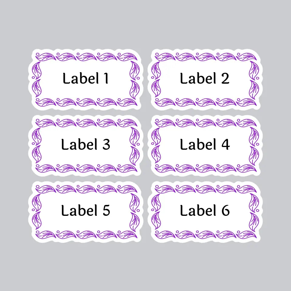Set of 6 personalised labels with decorative purple border design for pantry jars, storage containers or gifts