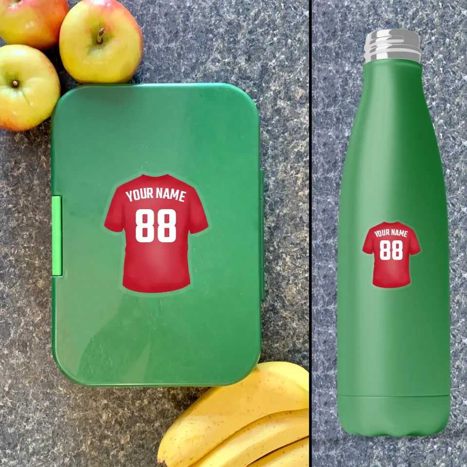 Personalised Team Shirt Sticker with custom name, number and shirt colour on green lunch box and reusable water bottle