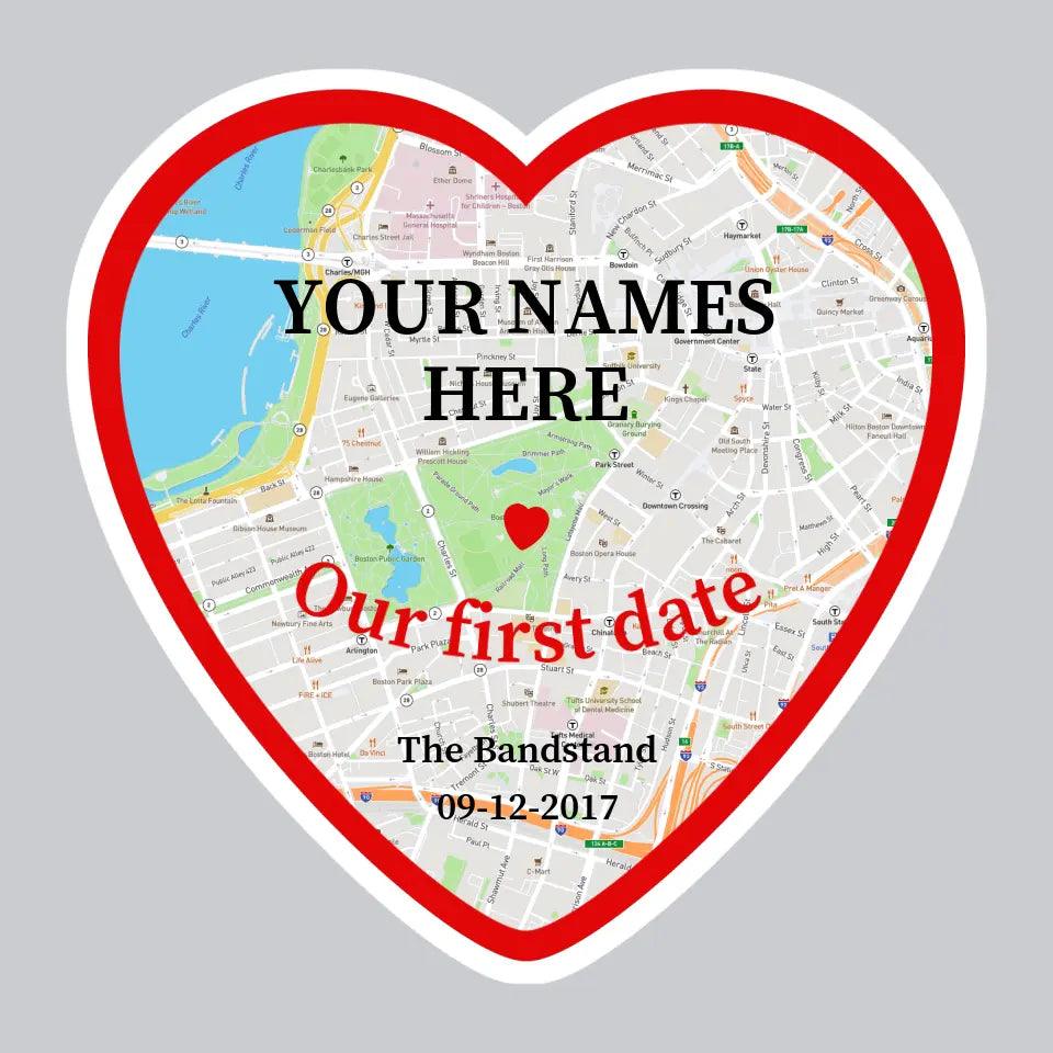 "first..." Heart Shaped Map Sticker - Personalise