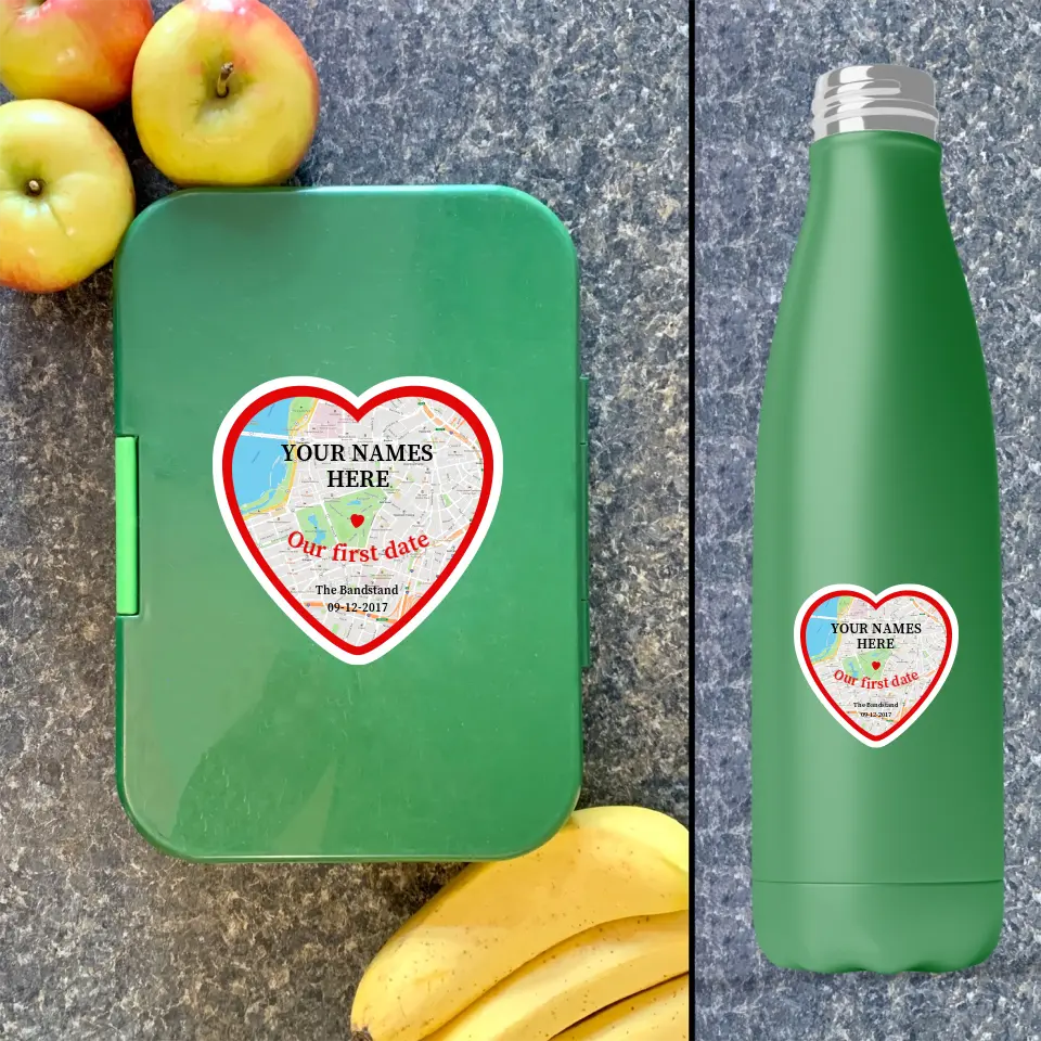 Personalised heart-shaped map sticker on green lunchbox and reusable water bottle with custom names and date