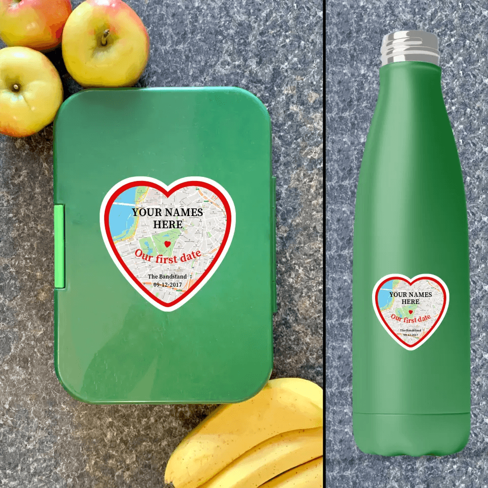 "first..." Heart Shaped Map Sticker - Personalise
