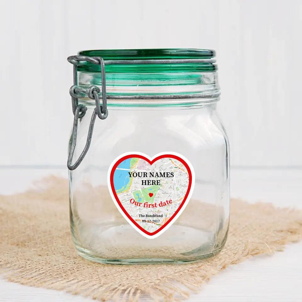 "first..." Heart Shaped Map Sticker - Personalise