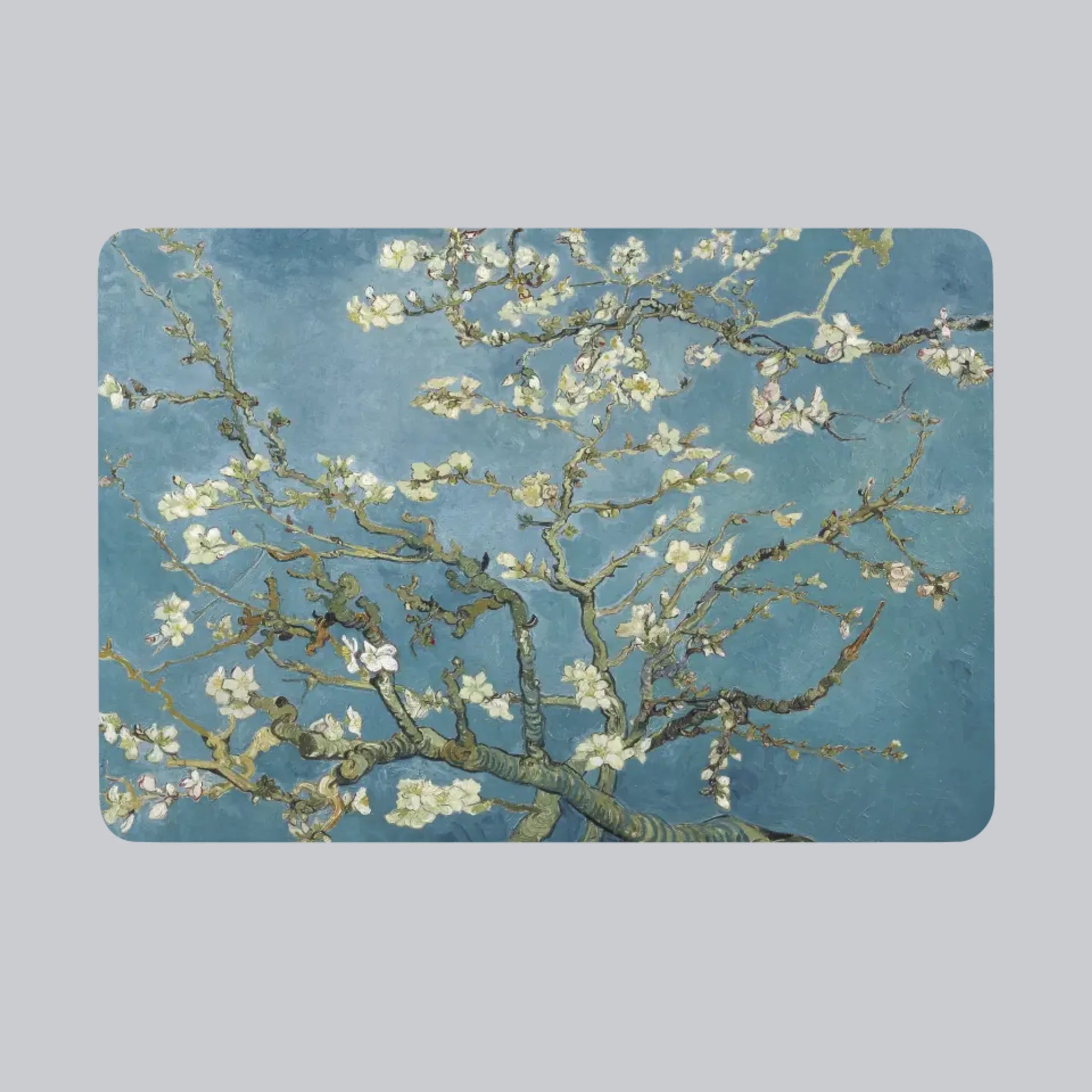 Van Gogh Almond Blossom MacBook skin with floral artwork in soft blue and white tones