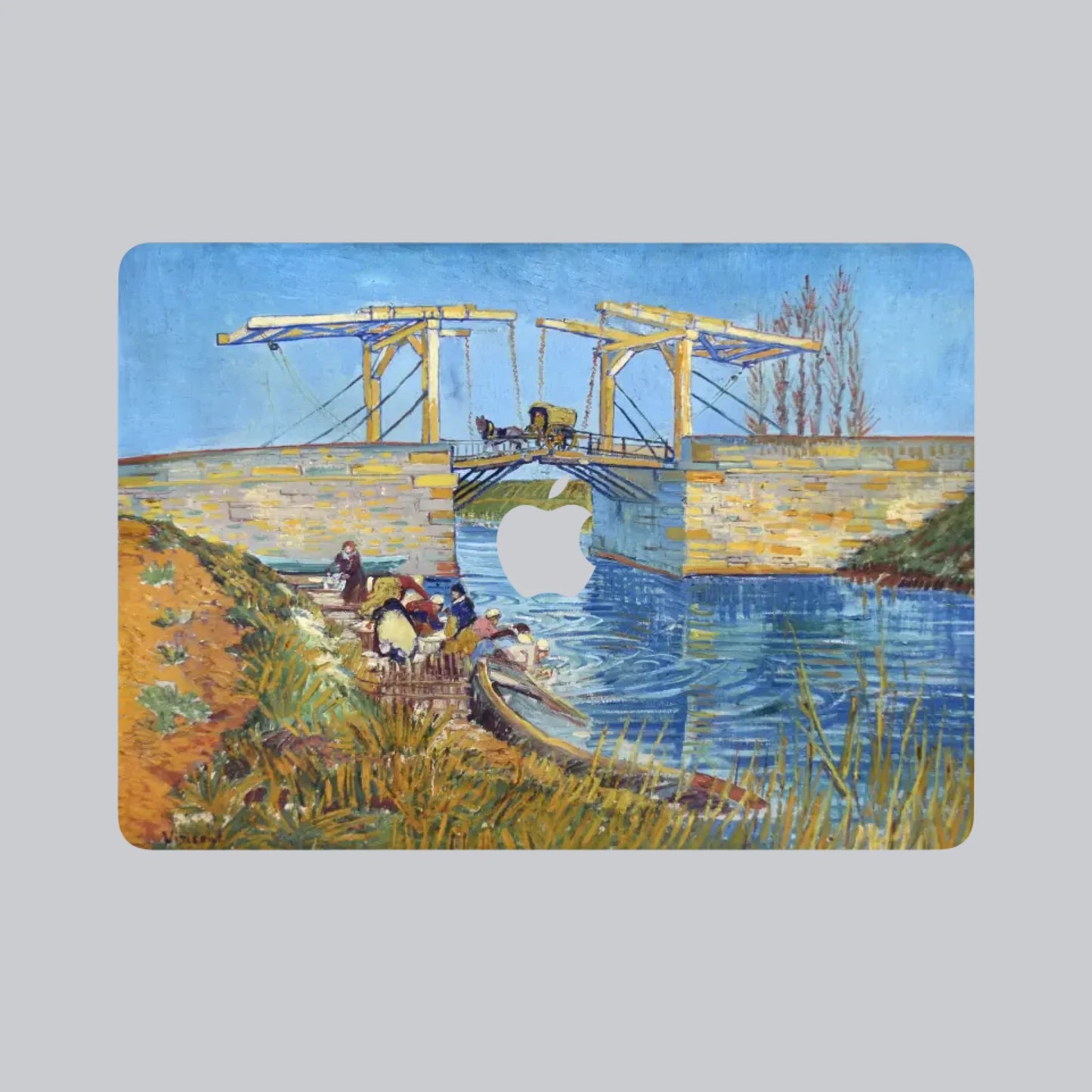 Van Gogh Langlois Bridge at Arles MacBook skin with colourful canal bridge artwork in blue and gold tones