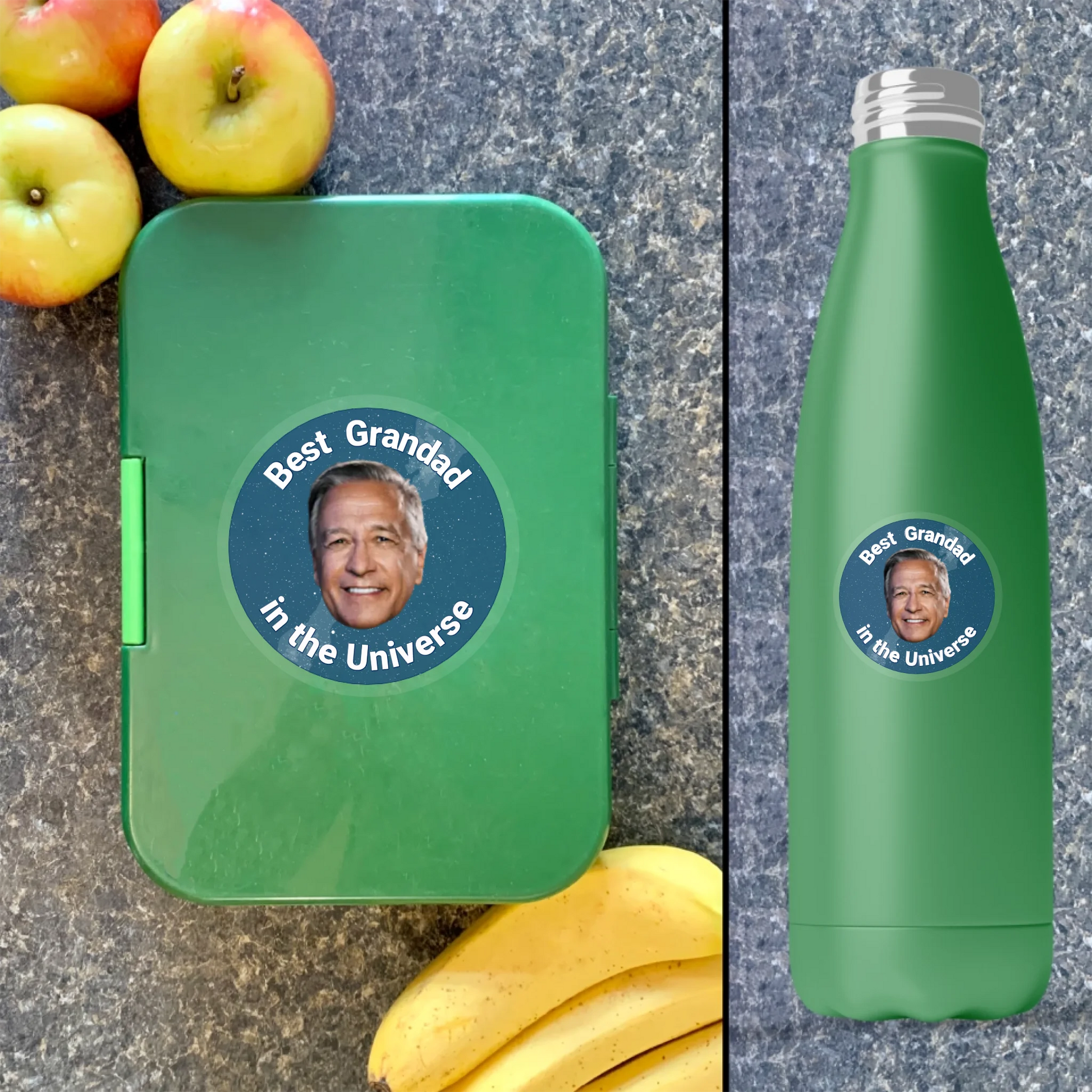 Custom “Best in the Universe” photo sticker on lunchbox and water bottle, personalised gift for loved ones