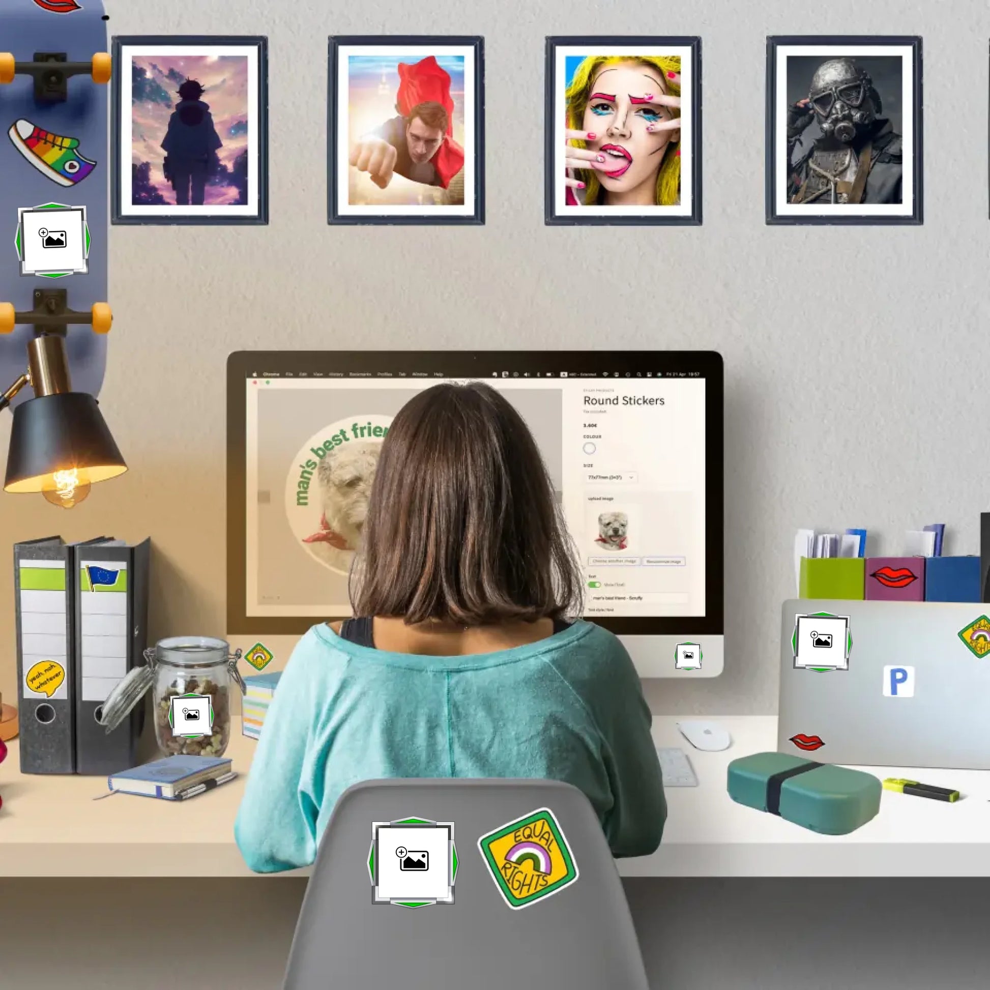 Woman designing personalised stickers online with custom stickers and wall stickers decorating home workspace
