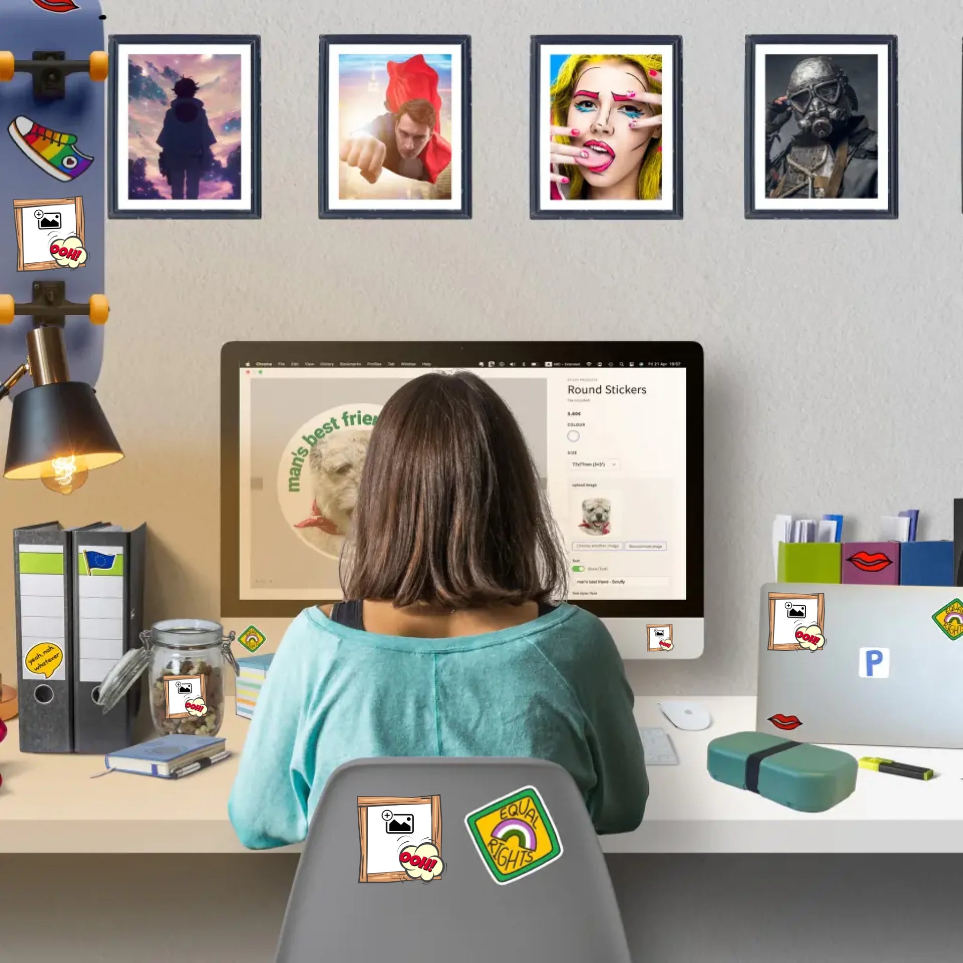 Woman sitting at a desk ordering personalised stickers online with stickers and wall stickers decorating home workspace