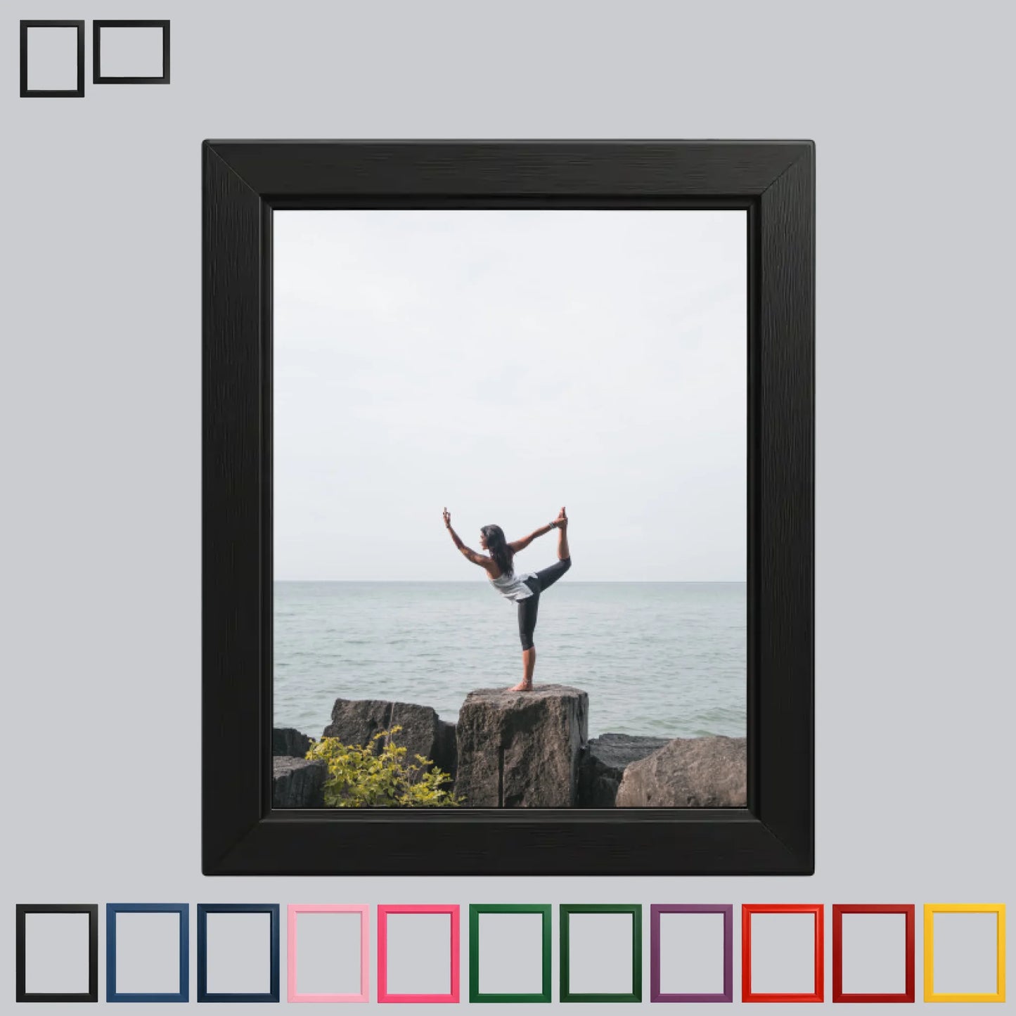 Custom wall art sticker with printed black frame effect and personalised yoga photo design for home decor
