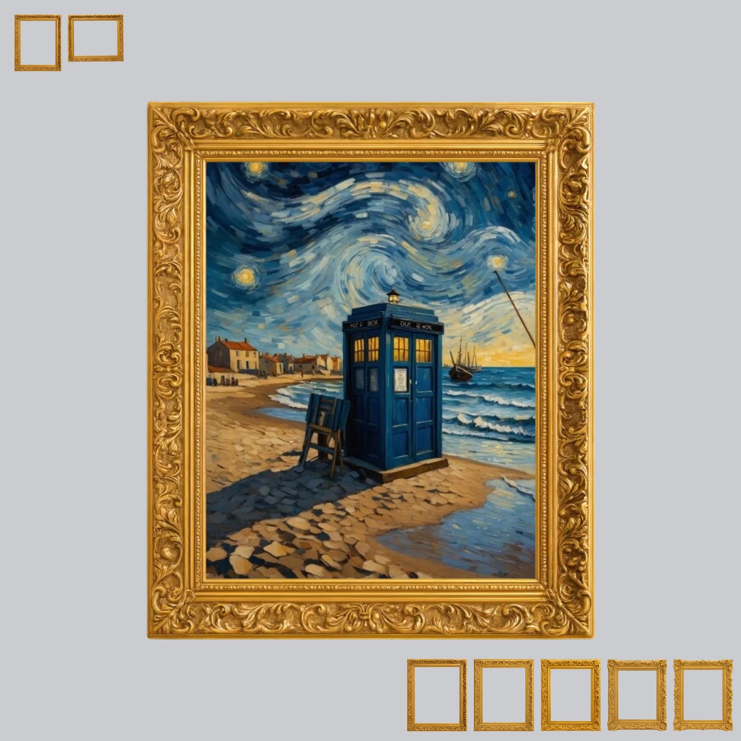 Wall sticker with printed gold frame effect featuring fantasy beach artwork inspired by Doctor Who and Starry Night