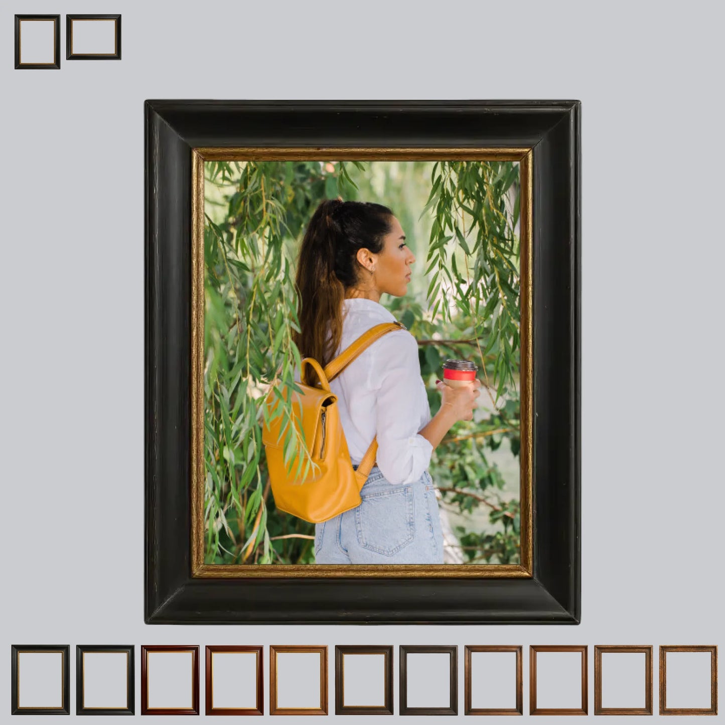 Custom wall art sticker with printed black and gold frame effect and personalised portrait photo design
