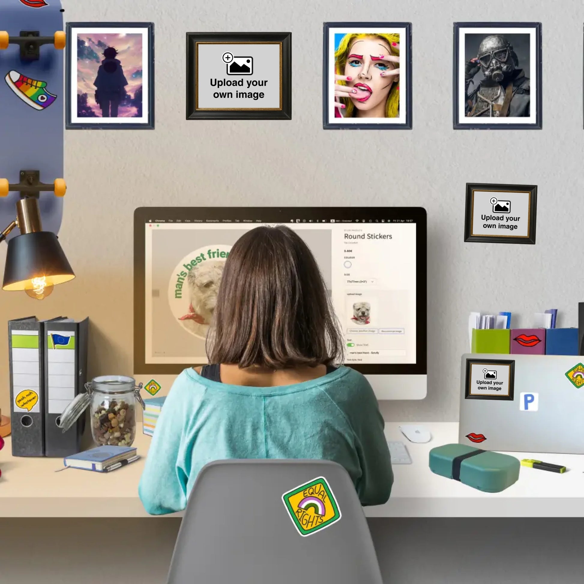 Workspace with custom framed wall stickers displaying personalised photos and artwork in removable printed frames