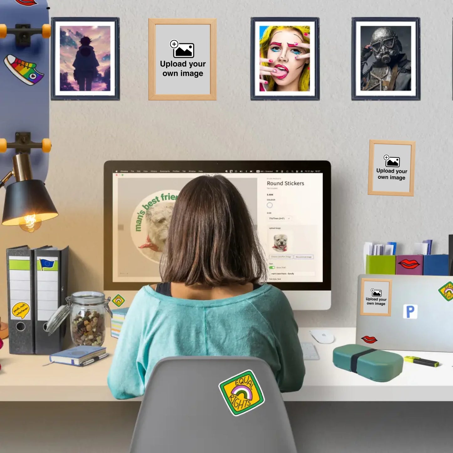 Workspace with custom framed wall stickers displaying personalised photos and artwork in removable printed frames