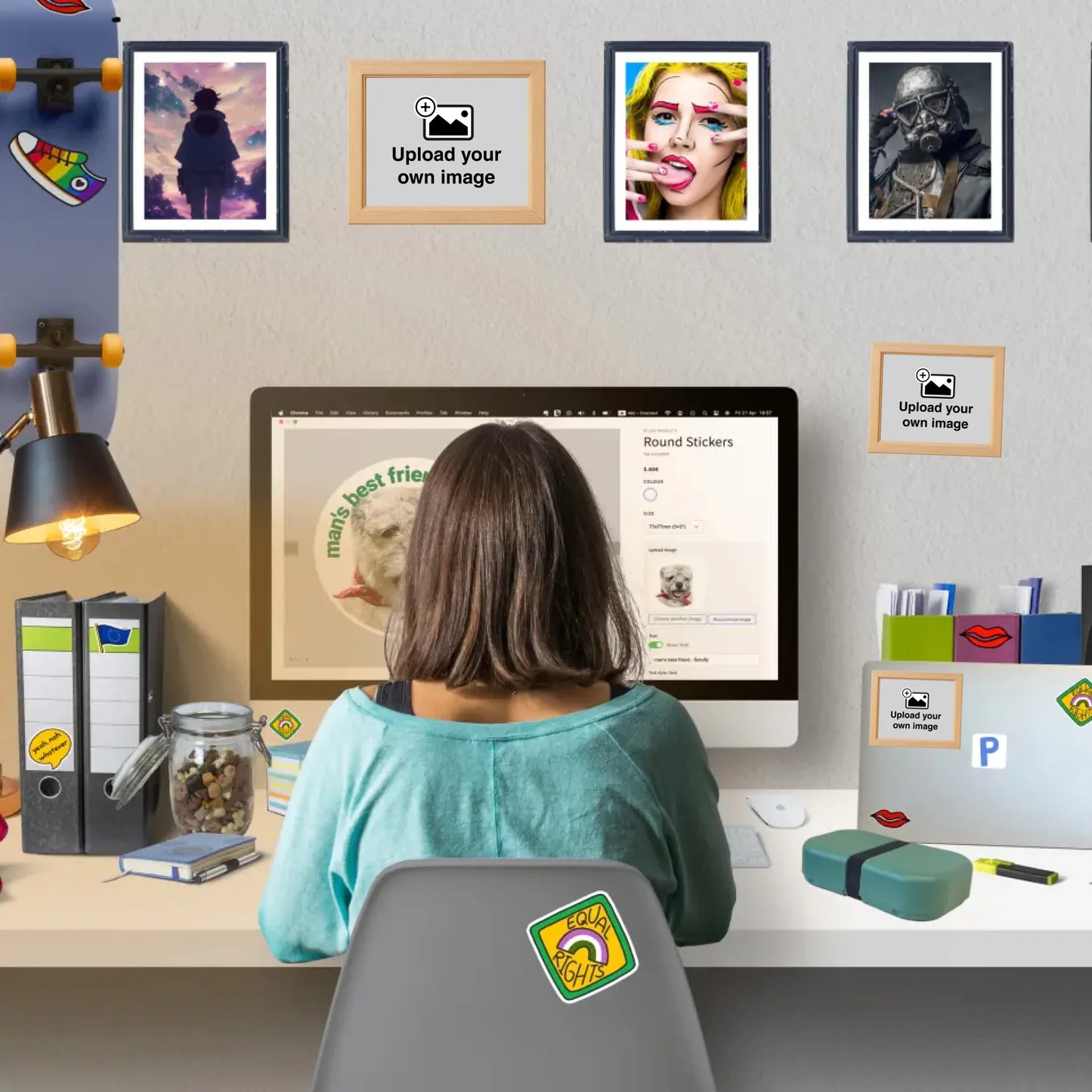 Workspace with custom framed wall stickers displaying personalised photos and artwork in printed frames