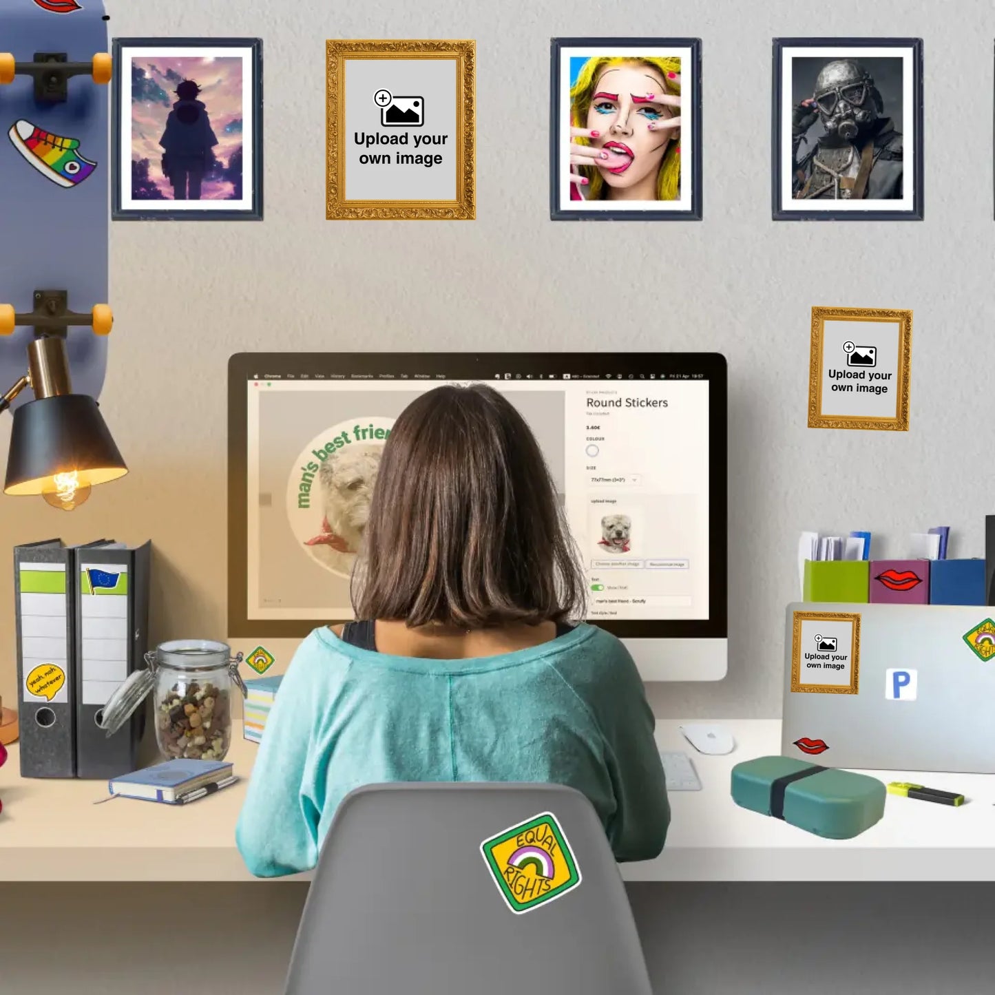 Workspace with custom framed wall stickers displaying personalised photos and artwork in printed frames
