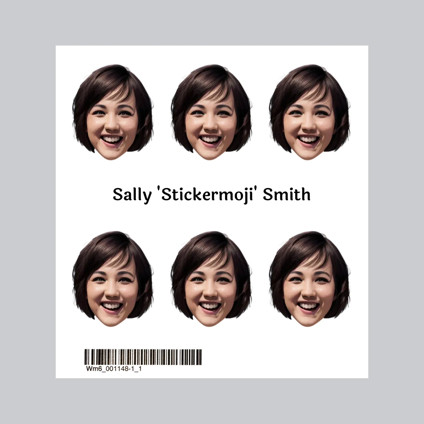 Set of six custom face stickers with personalised mugshot photo designs and optional custom name text