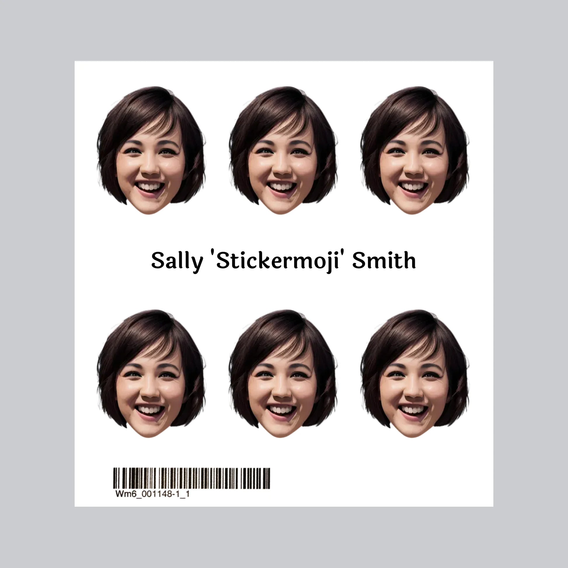 Set of six custom face stickers with personalised mugshot photo designs and optional custom name text