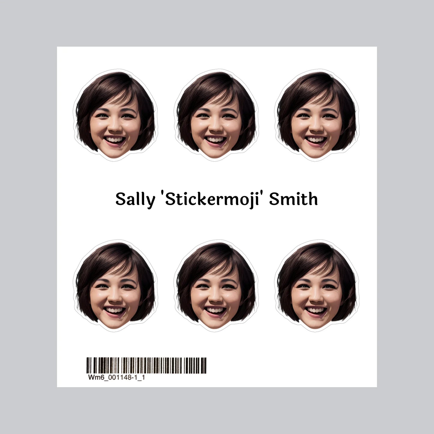 Set of six custom face stickers with personalised mugshot photo designs and optional custom name text