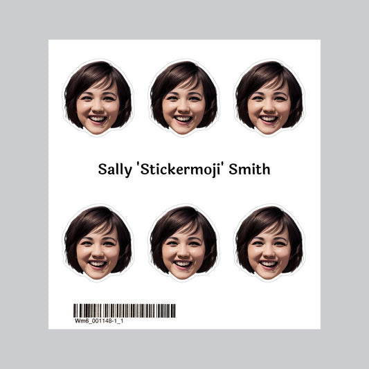 Set of six custom face stickers with personalised mugshot photo designs and optional custom name text