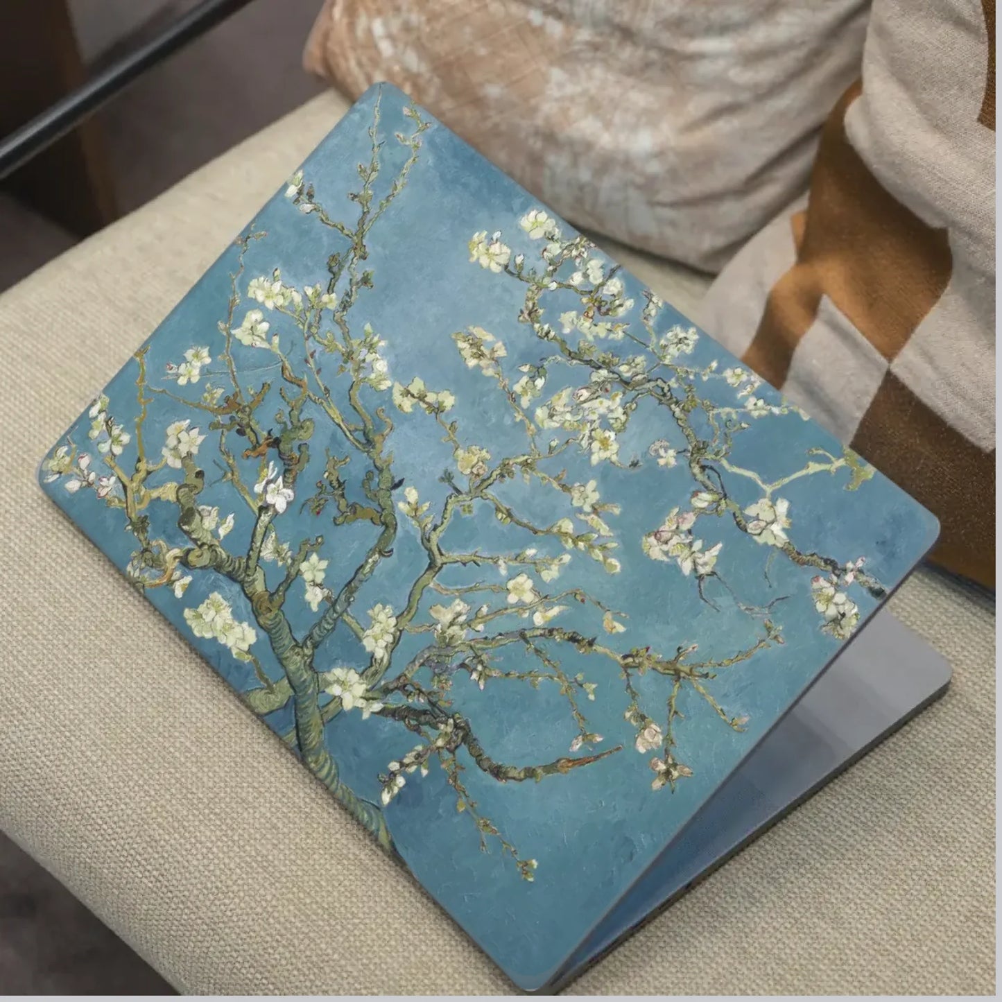 Van Gogh Almond Blossom Laptop skin with floral artwork in soft blue and white tones