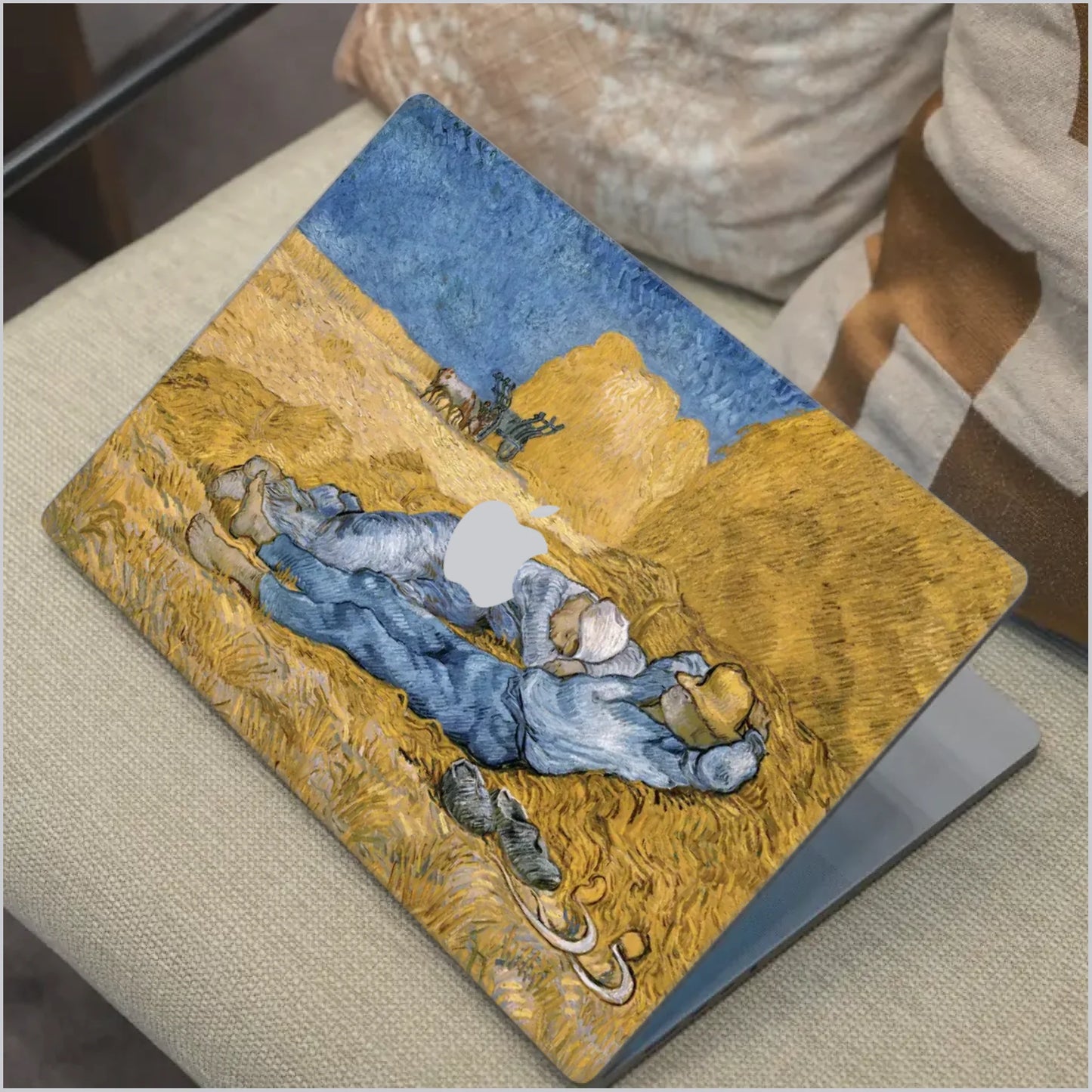 Van Gogh Rest from Work MacBook Laptop Skin featuring vintage harvest artwork in warm yellow and blue tones compatible with Apple MacBook models