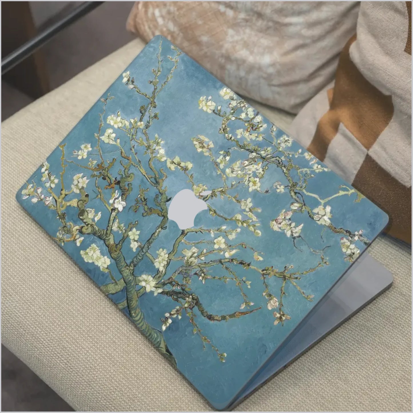 Van Gogh Almond Blossom MacBook Laptop Skin in blue with white floral artwork compatible with Apple MacBook models