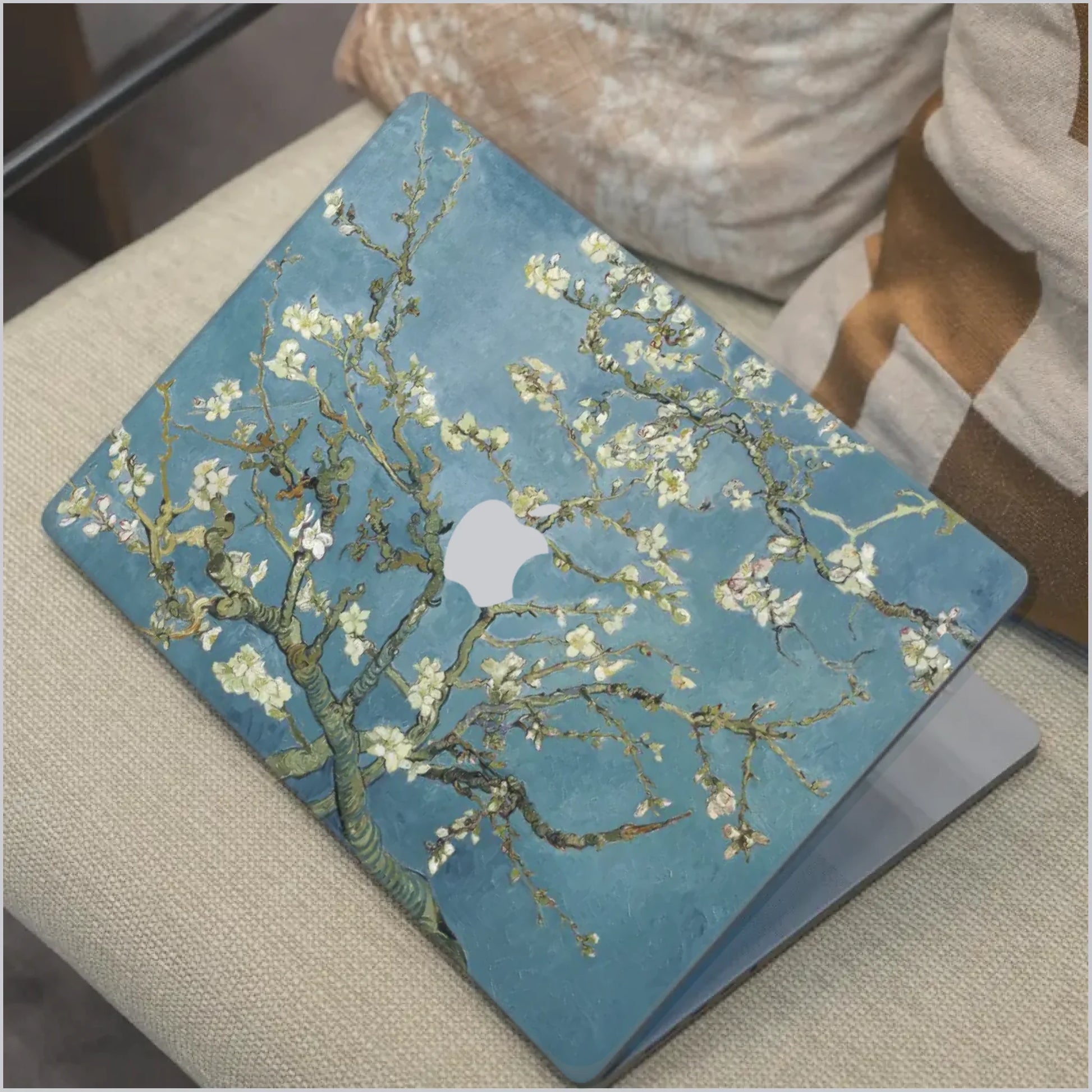 Van Gogh Almond Blossom MacBook Laptop Skin in blue with white floral artwork compatible with Apple MacBook models